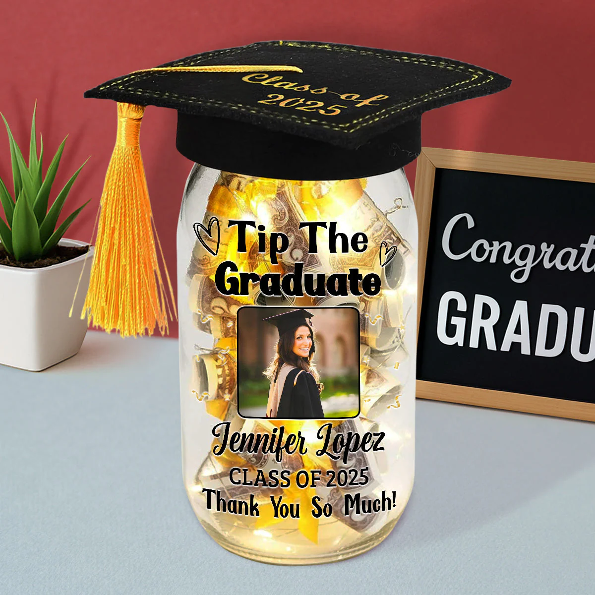 Tip The Graduate Thank You - Personalized Custom Graduation Mason Jar Light - Image 2