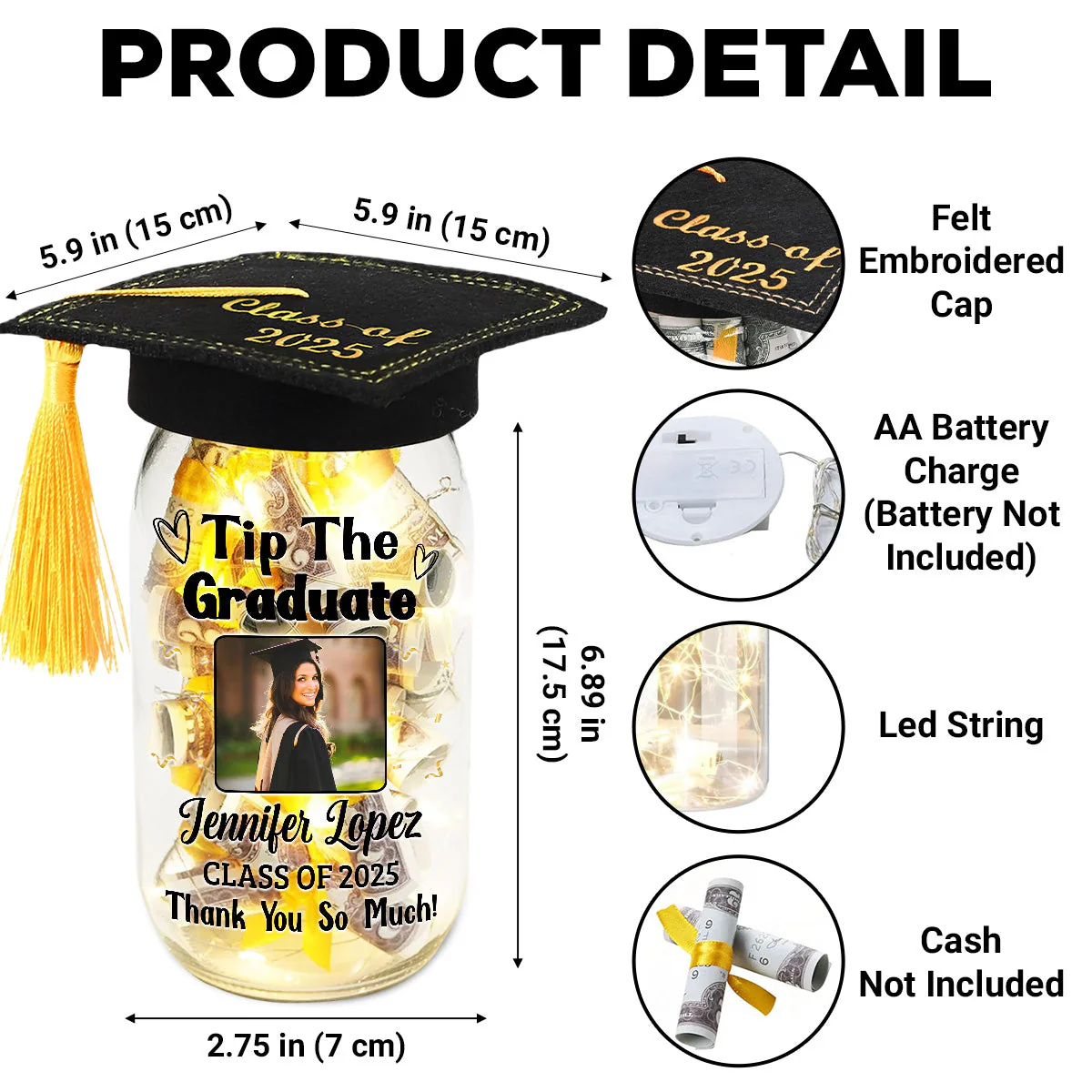 Tip The Graduate Thank You - Personalized Custom Graduation Mason Jar Light - Image 5