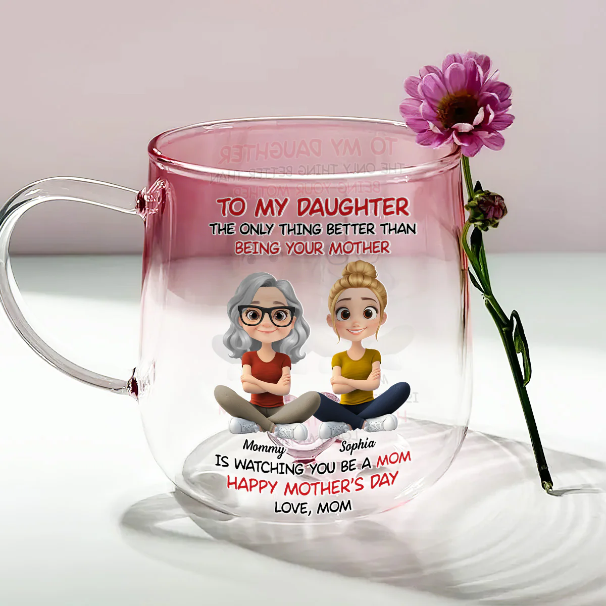 To My Daughter Cartoonize - Personalized Custom Pink Gradient Glass Mug - Image 2
