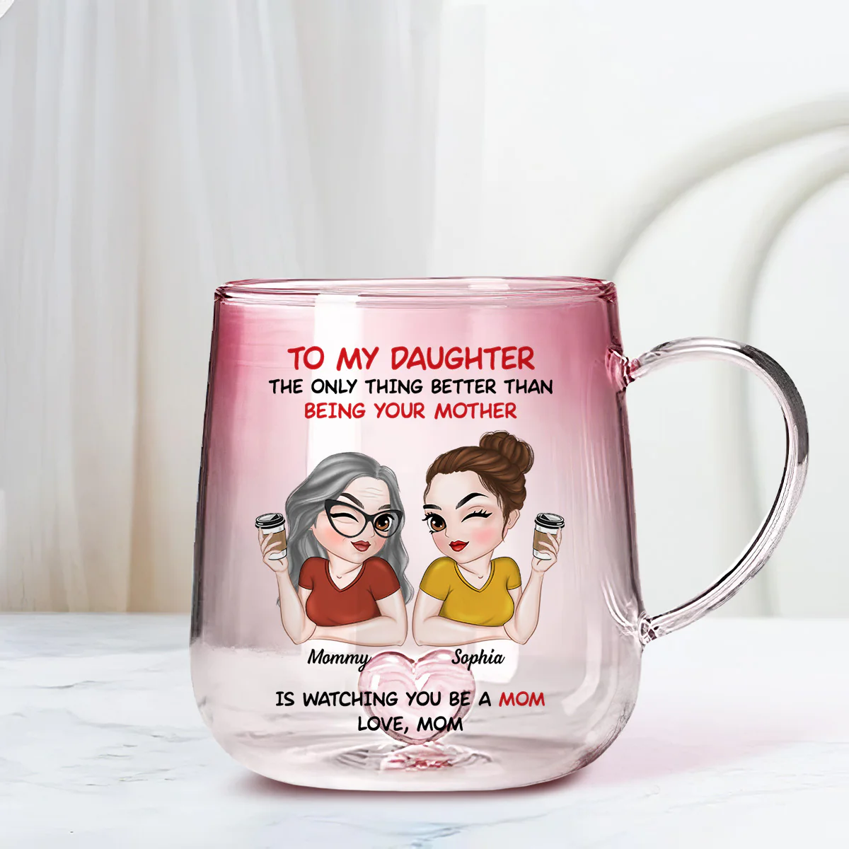 To My Daughter Happy Mother Day - Personalized Custom Pink Gradient Glass Mug - Image 3