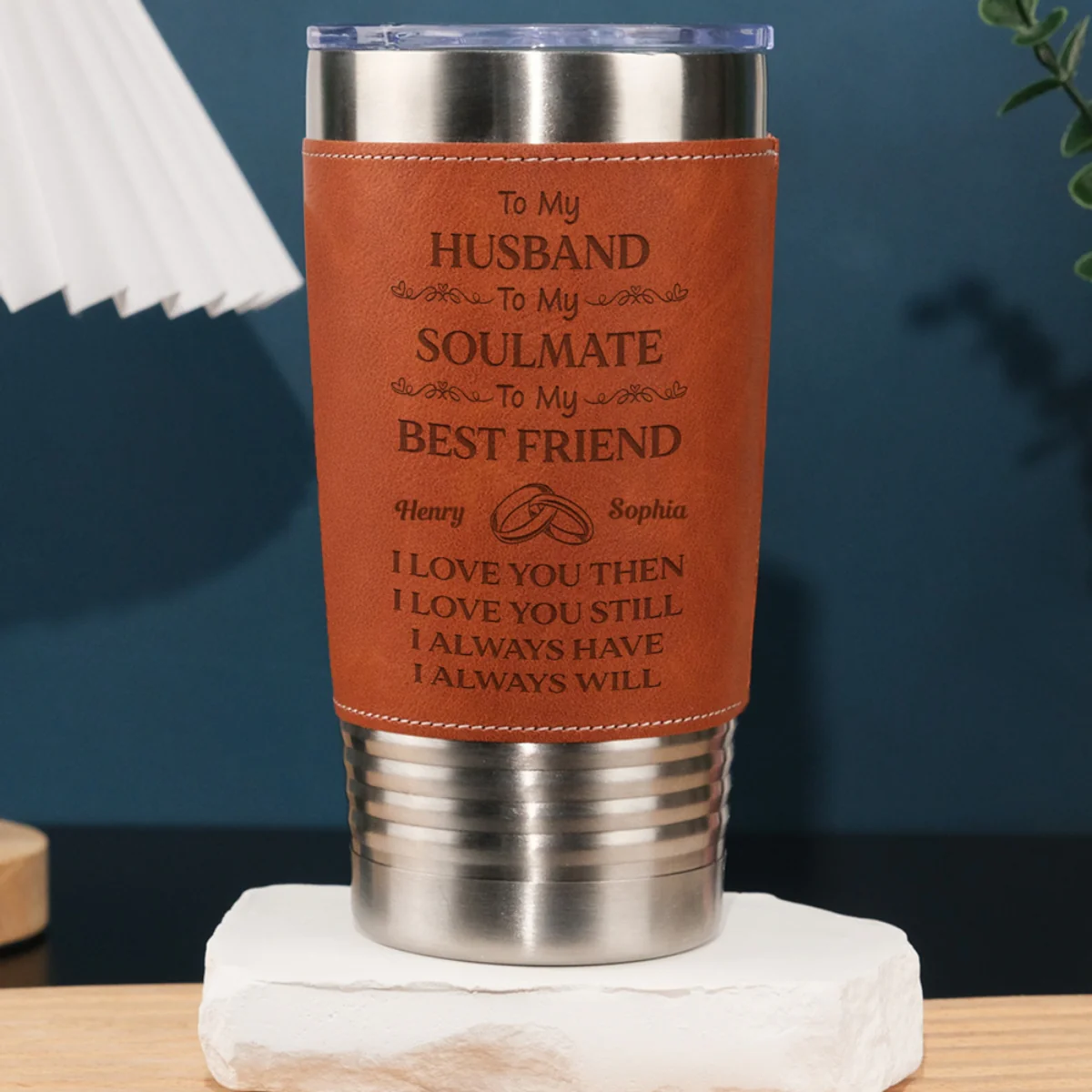 To My Husband Soulmate Best Friend - Personalized Custom Engraved Leather Tumbler - Image 7