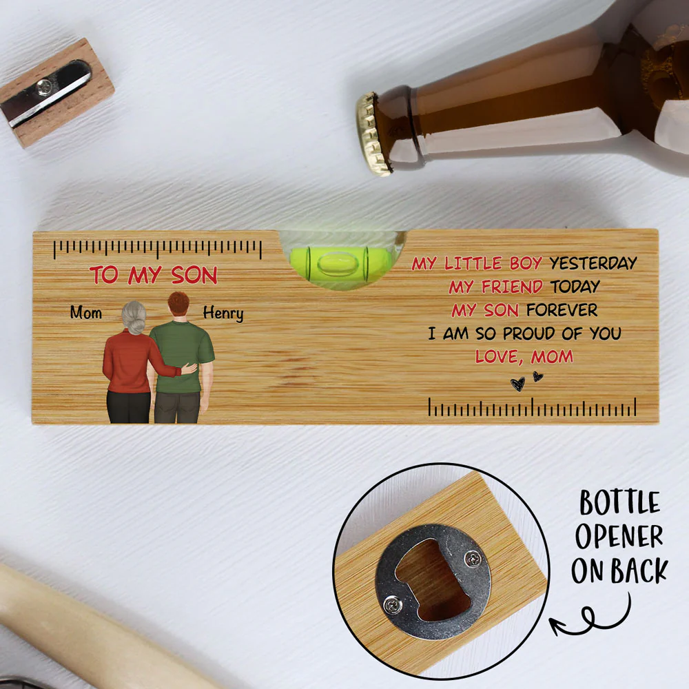 To My Son Forever - Personalized Custom Wooden Spirit Level Bottle Opener