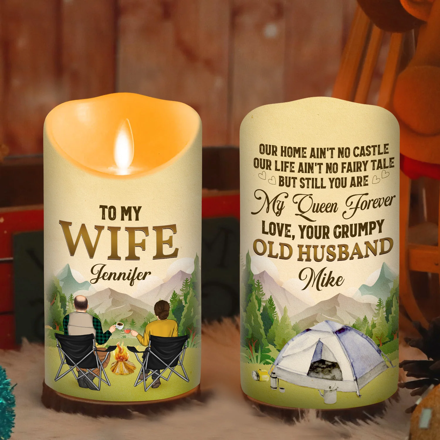 To My Wife You Are My Queen Forever Camping Version - Personalized Custom LED Candle - Image 4