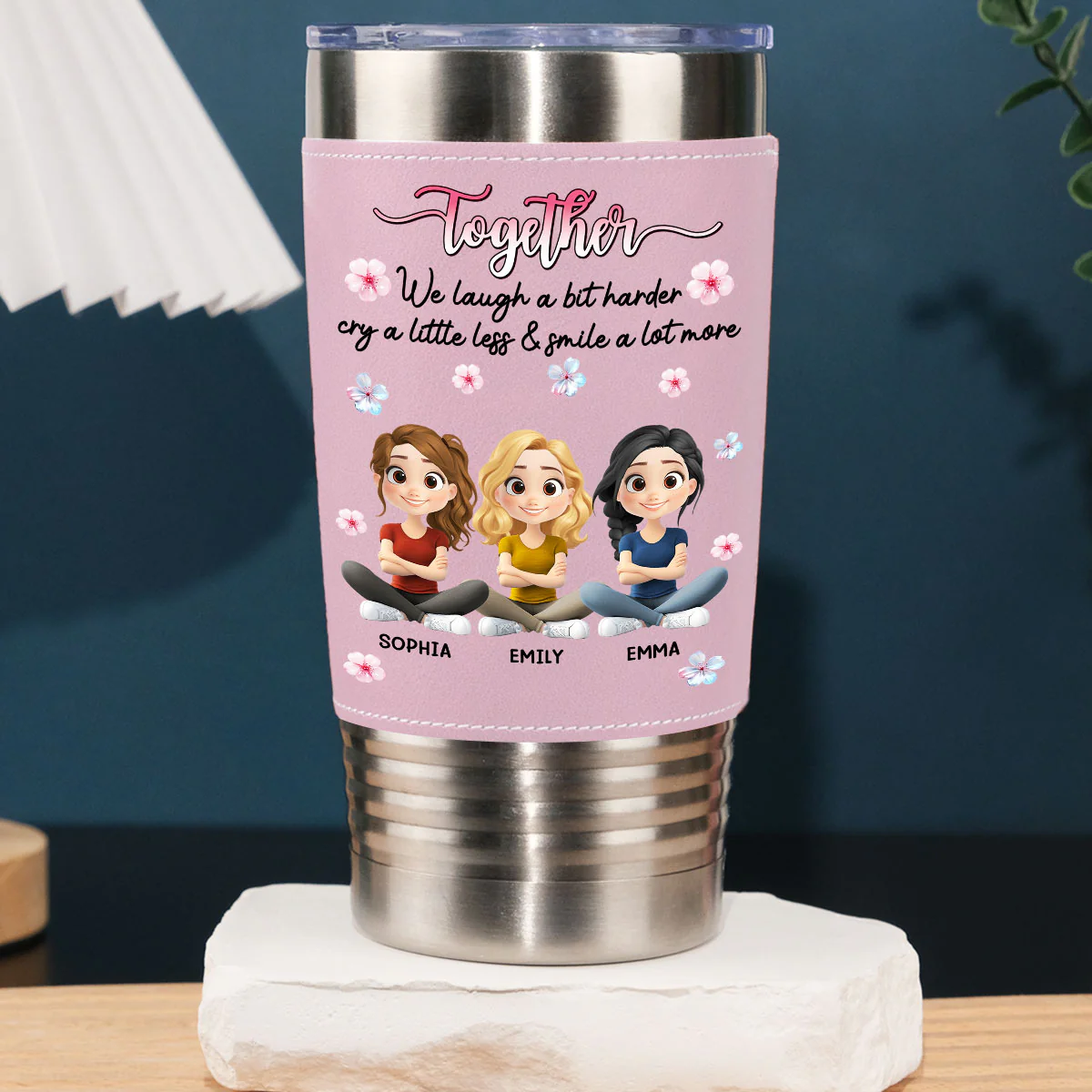 Together We Laugh - Personalized Custom Pink Leather Tumbler - Image 2