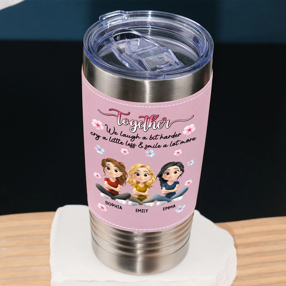 Together We Laugh - Personalized Custom Pink Leather Tumbler - Image 3