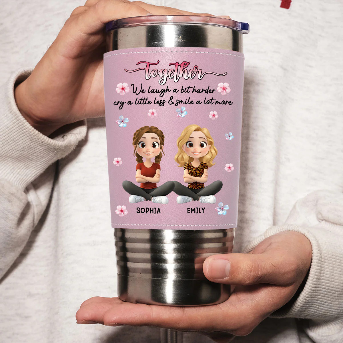 Together We Laugh - Personalized Custom Pink Leather Tumbler - Image 5