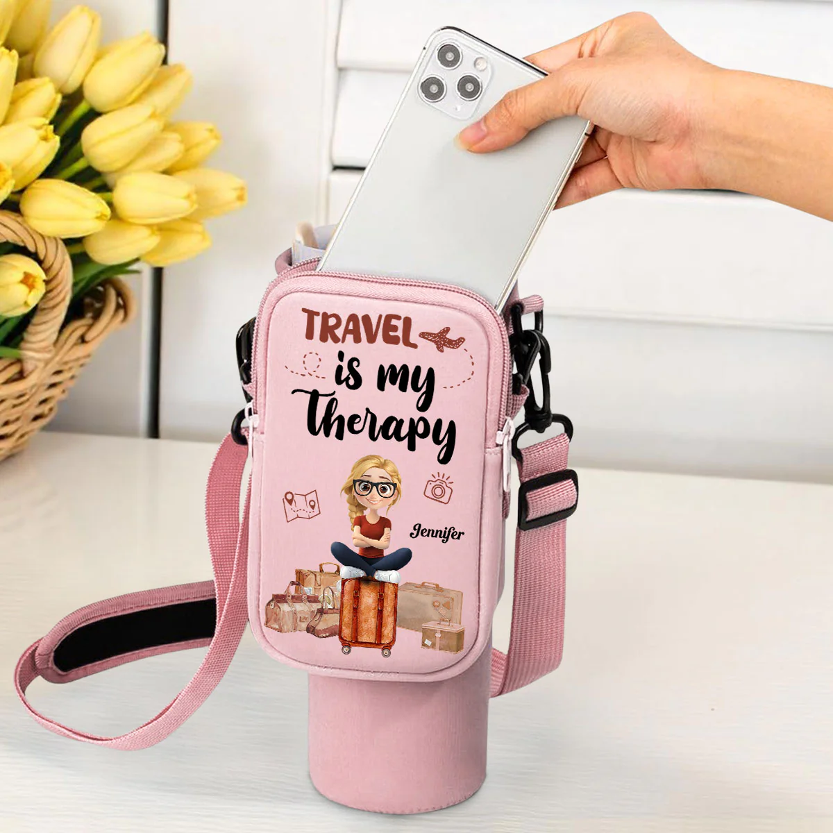 Travel Is My Therapy - Personalized Custom 40oz Water Bottle Carrier Bag - Image 2
