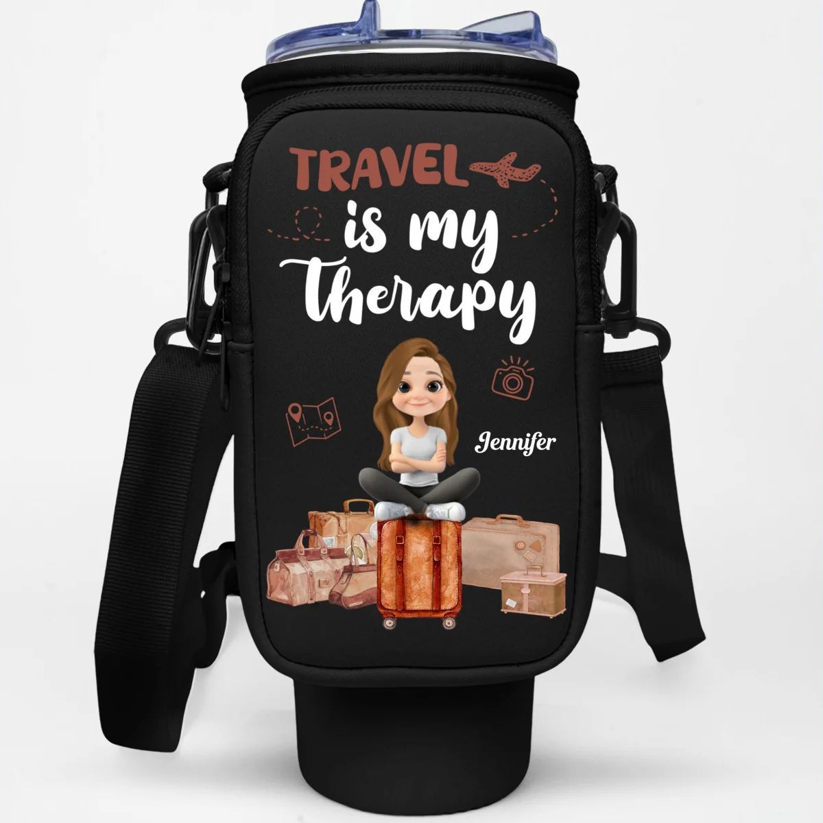 Travel Is My Therapy - Personalized Custom 40oz Water Bottle Carrier Bag - Image 6