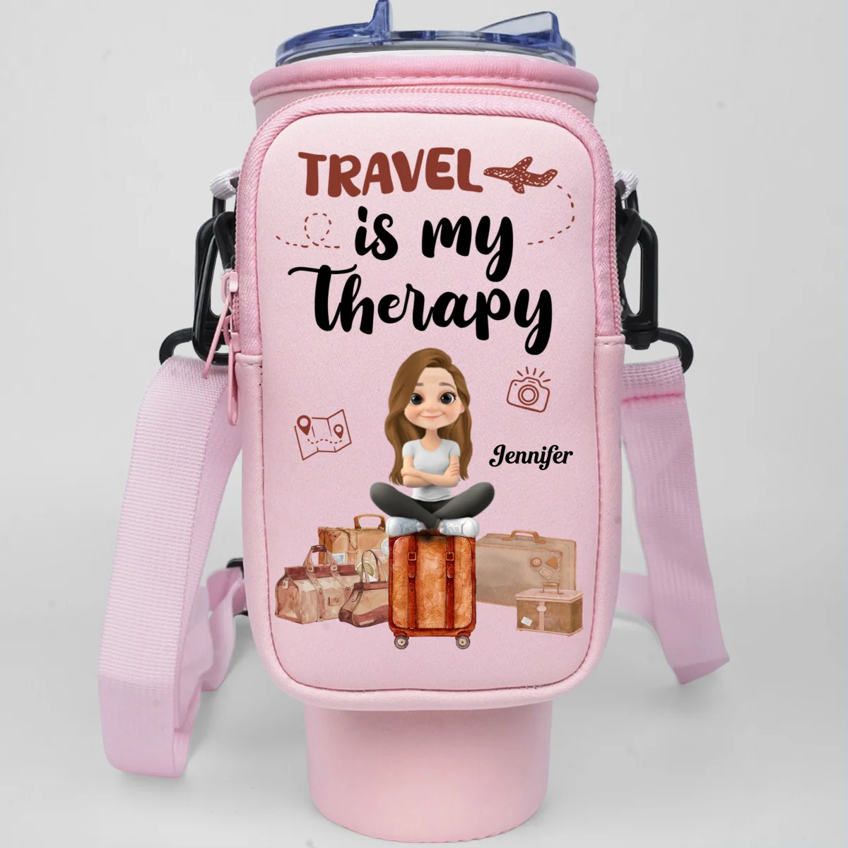 Travel Is My Therapy - Personalized Custom 40oz Water Bottle Carrier Bag - Image 7