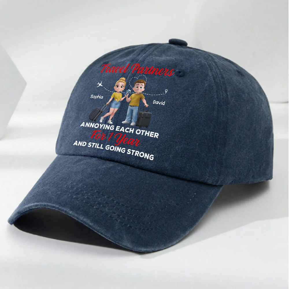Travel Partners - Personalized Custom Vintage Washed Denim Cap - Image 2