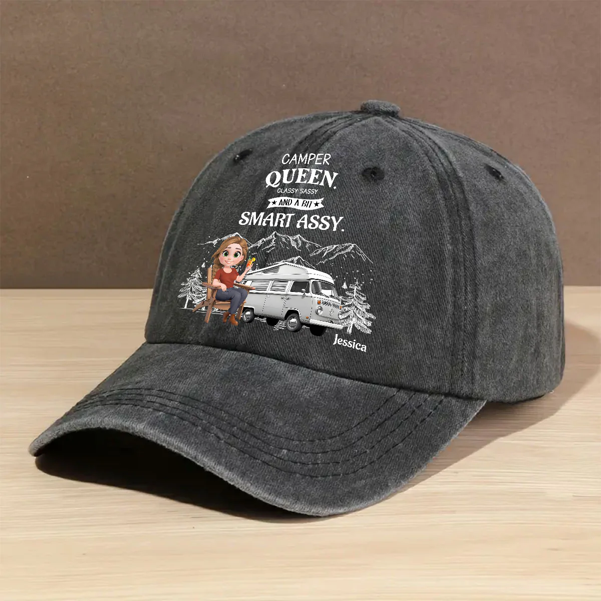 Truly A Queen Of Campers - Personalized Custom Vintage Washed Denim Cap - Image 2