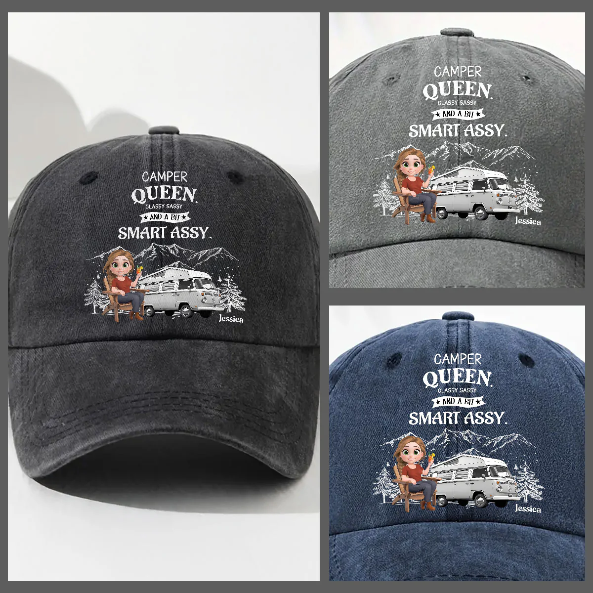 Truly A Queen Of Campers - Personalized Custom Vintage Washed Denim Cap - Image 3