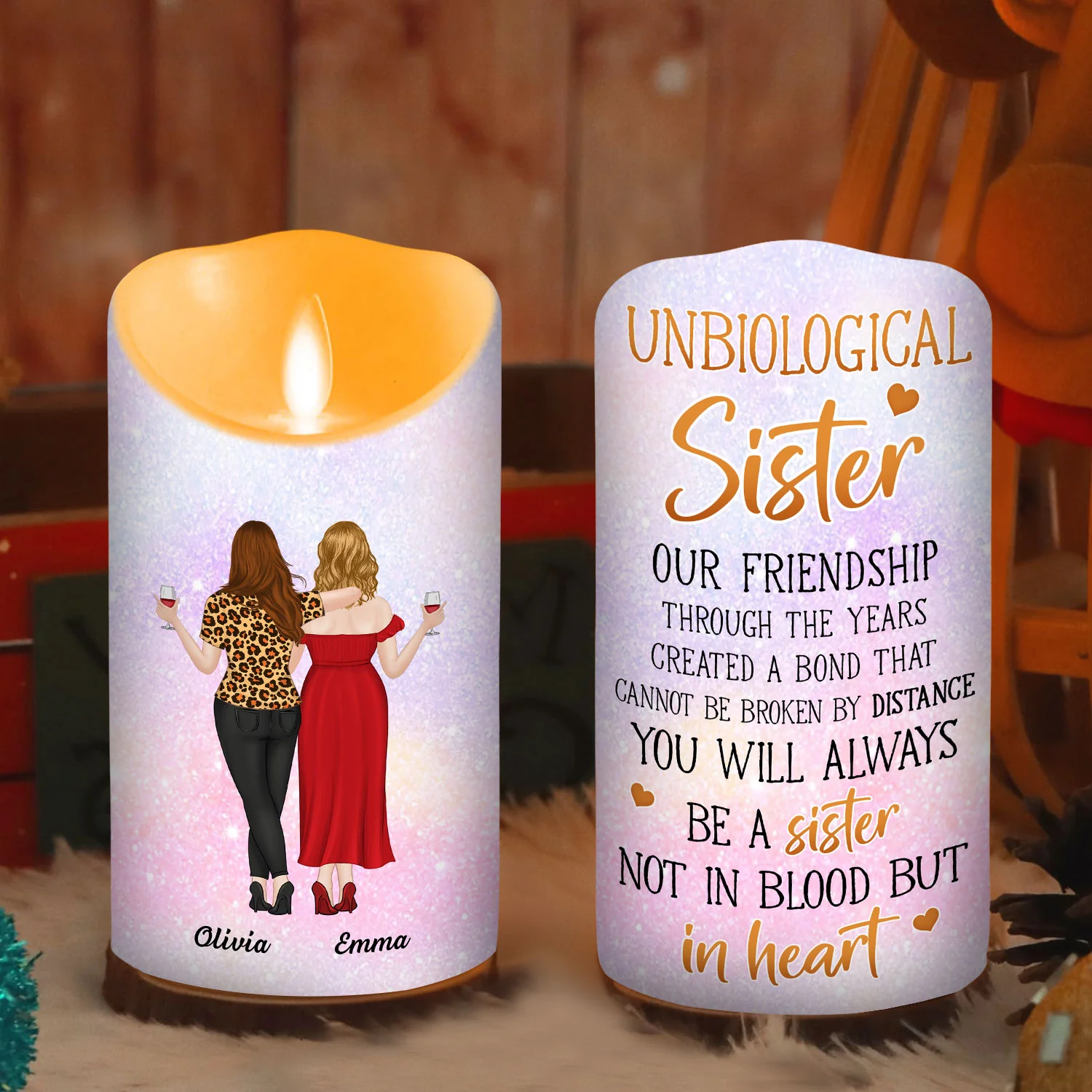 Unbiological Sisters - Personalized Custom LED Candle - Image 2