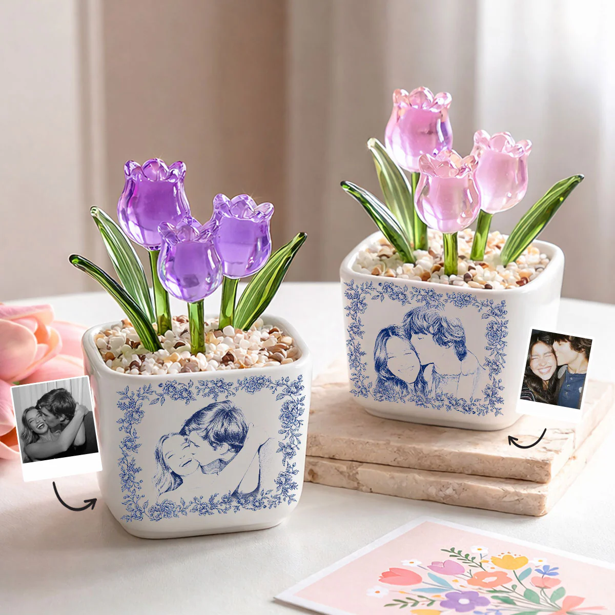 Vintage Couple Photo - Personalized Custom Glass Everlasting Tulips