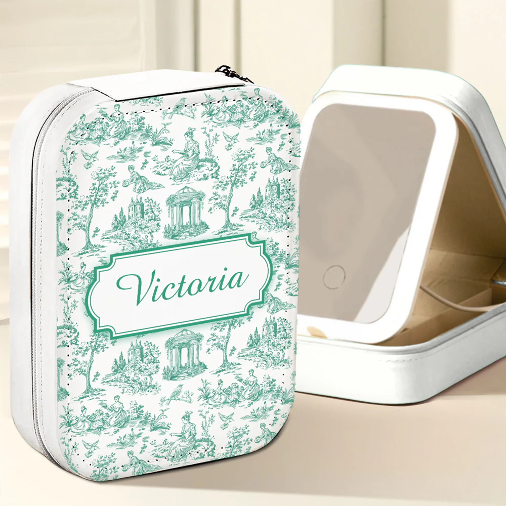 Vintage Toile - Personalized Custom Jewelry Box With LED Mirror - Image 2