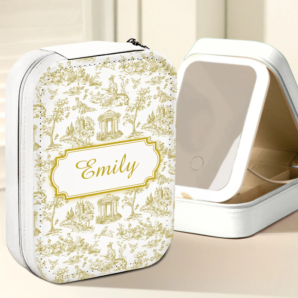 Vintage Toile - Personalized Custom Jewelry Box With LED Mirror - Image 4