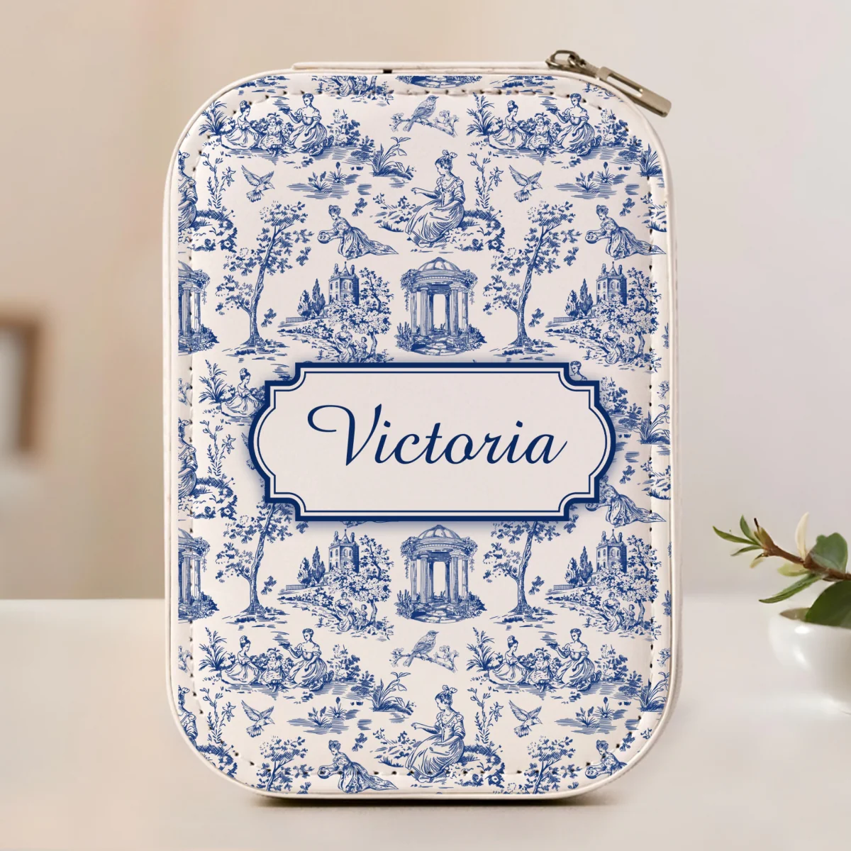 Vintage Toile - Personalized Custom Jewelry Box With LED Mirror - Image 6