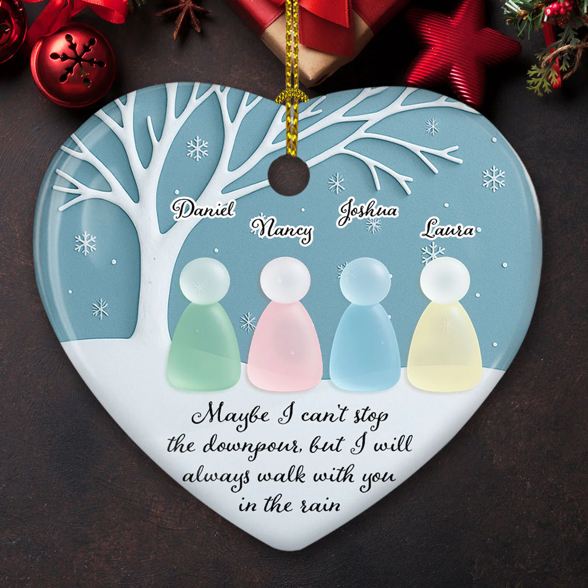 Walk With You In The Rain Sea Glass - Personalized Custom 3D Effect Heart Ceramic Ornament - Image 3