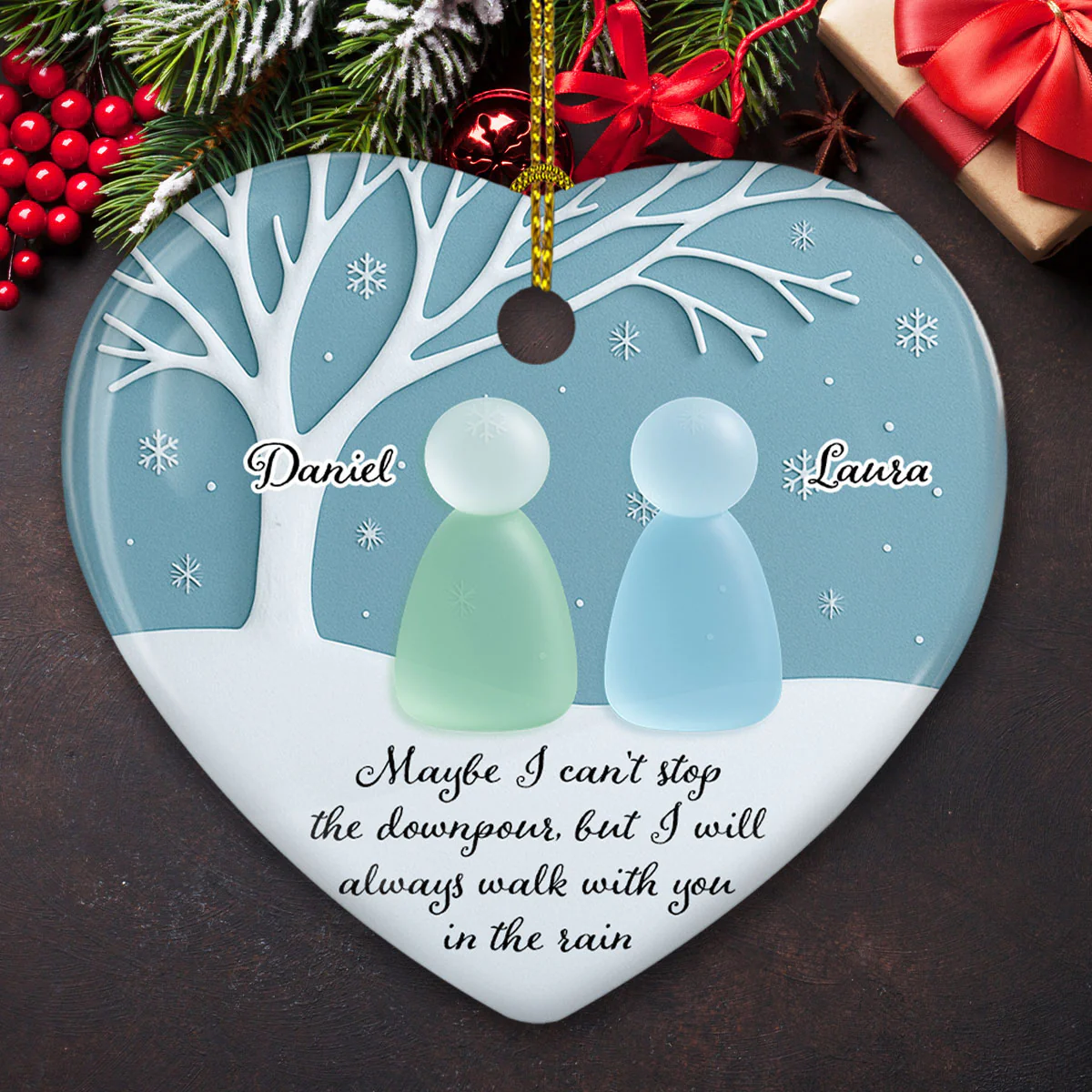 Walk With You In The Rain Sea Glass - Personalized Custom 3D Effect Heart Ceramic Ornament - Image 4