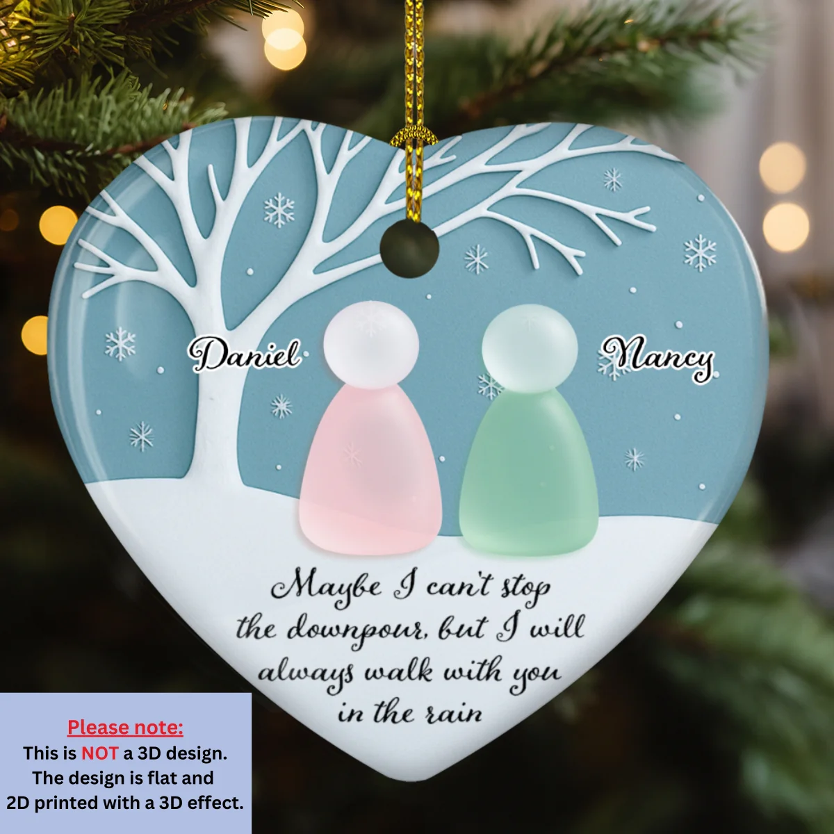 Walk With You In The Rain Sea Glass - Personalized Custom 3D Effect Heart Ceramic Ornament - Image 5