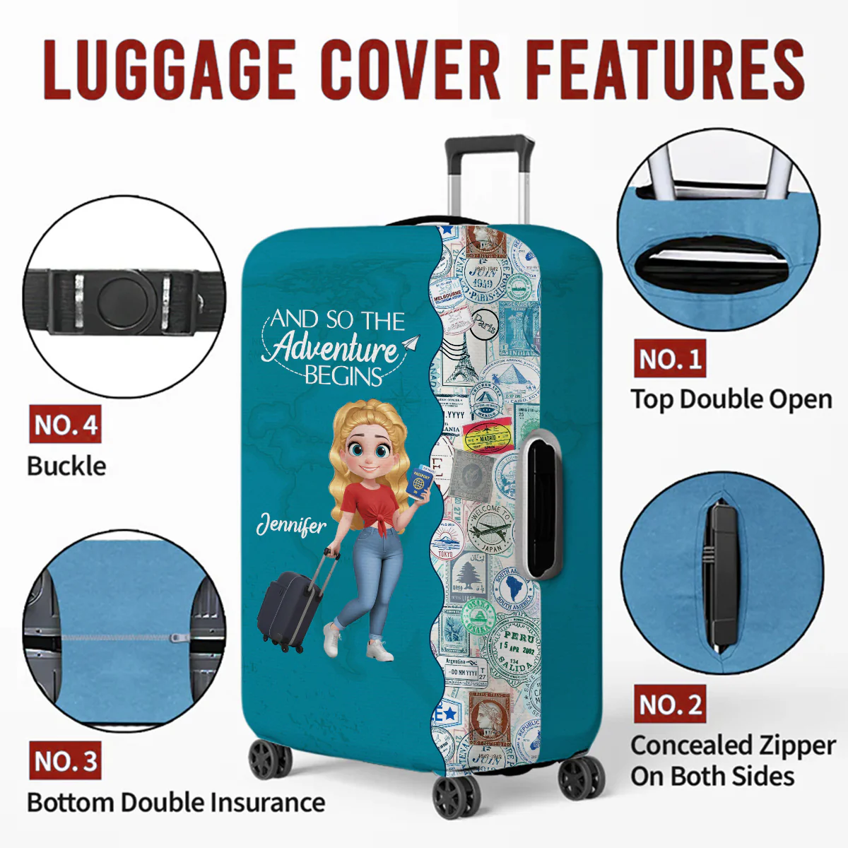 Wanderlust World Map - Personalized Custom Luggage Cover - Image 6