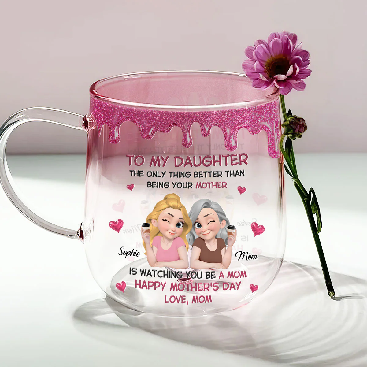 Watching Daughter Be A Mom - Personalized Custom Pink Gradient Glass Mug - Image 2