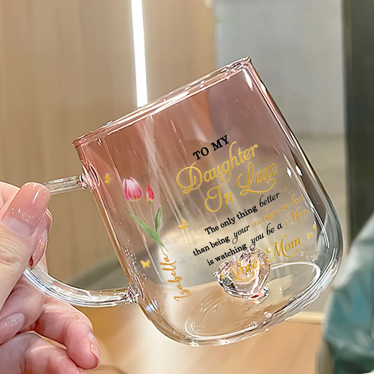 Watching You Be A Mom - Personalized Custom Pink Gradient Glass Mug - Image 3