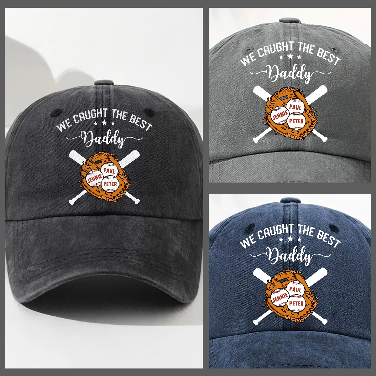 We Caught The Best Dad - Personalized Custom Vintage Washed Denim Cap - Image 3