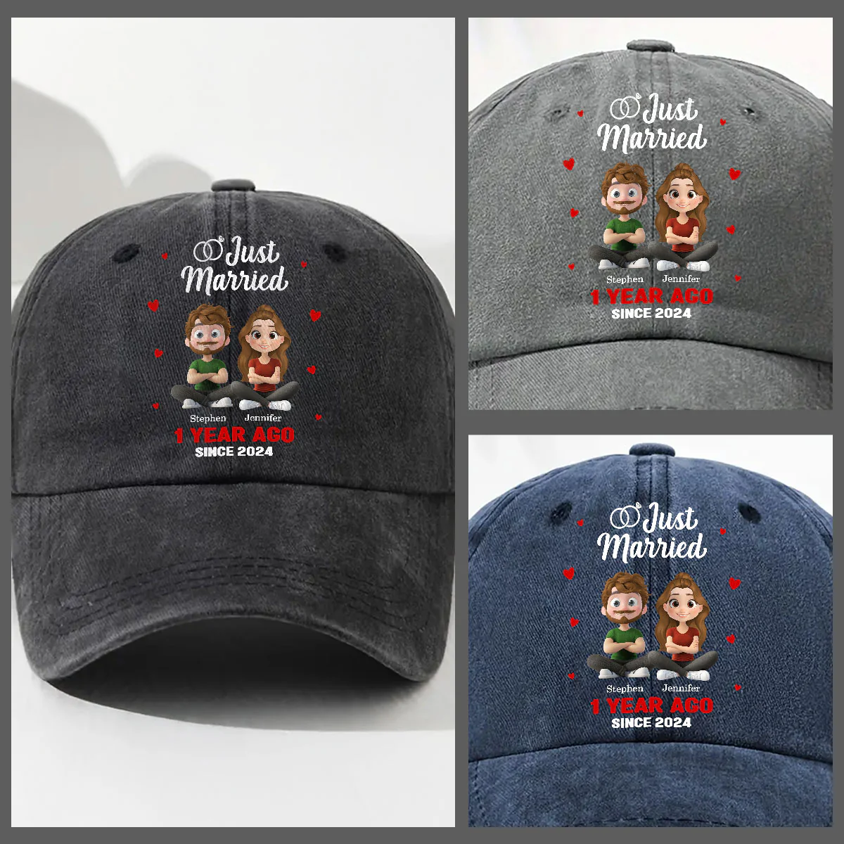 We Just Married - Personalized Custom Vintage Washed Denim Cap - Image 3