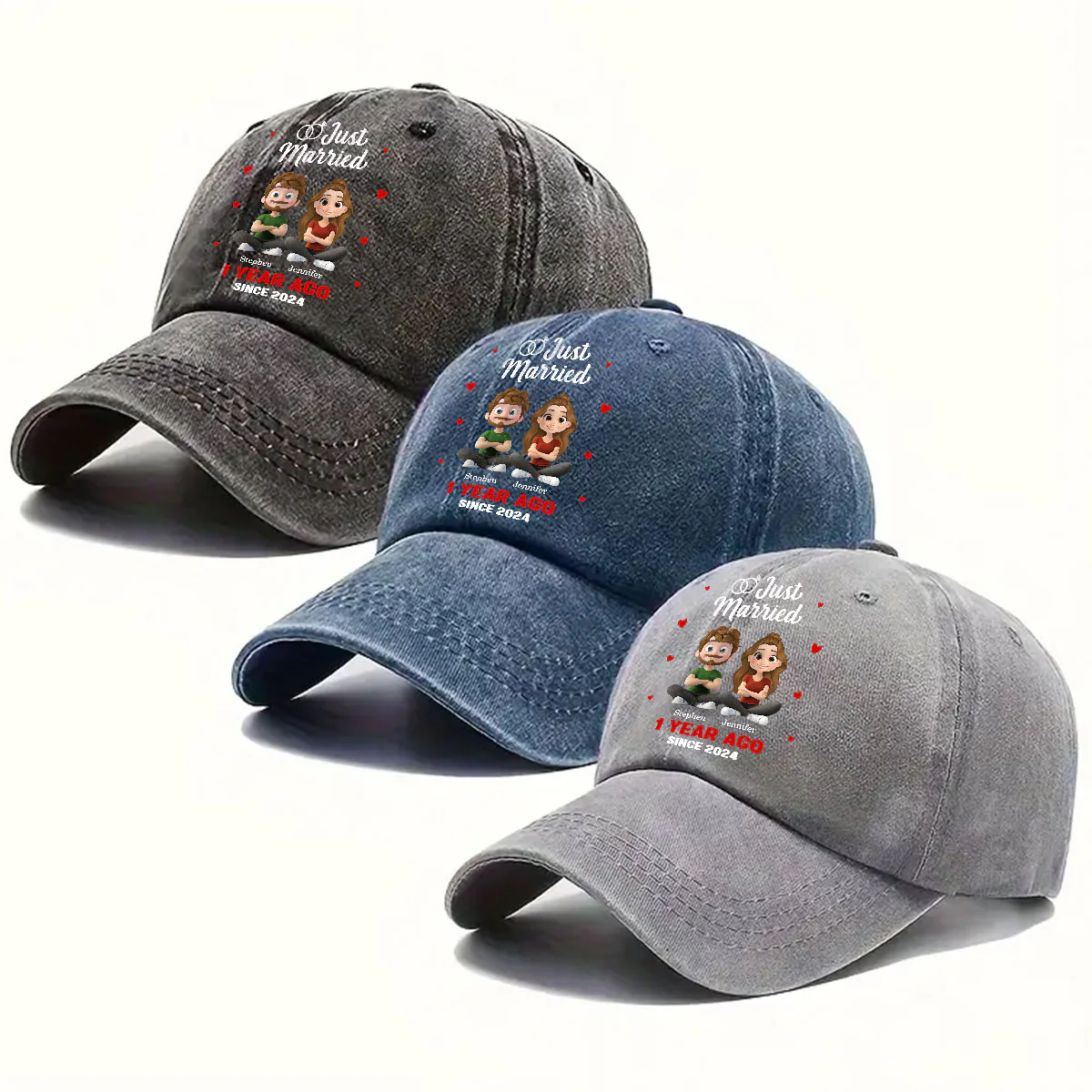 We Just Married - Personalized Custom Vintage Washed Denim Cap - Image 4