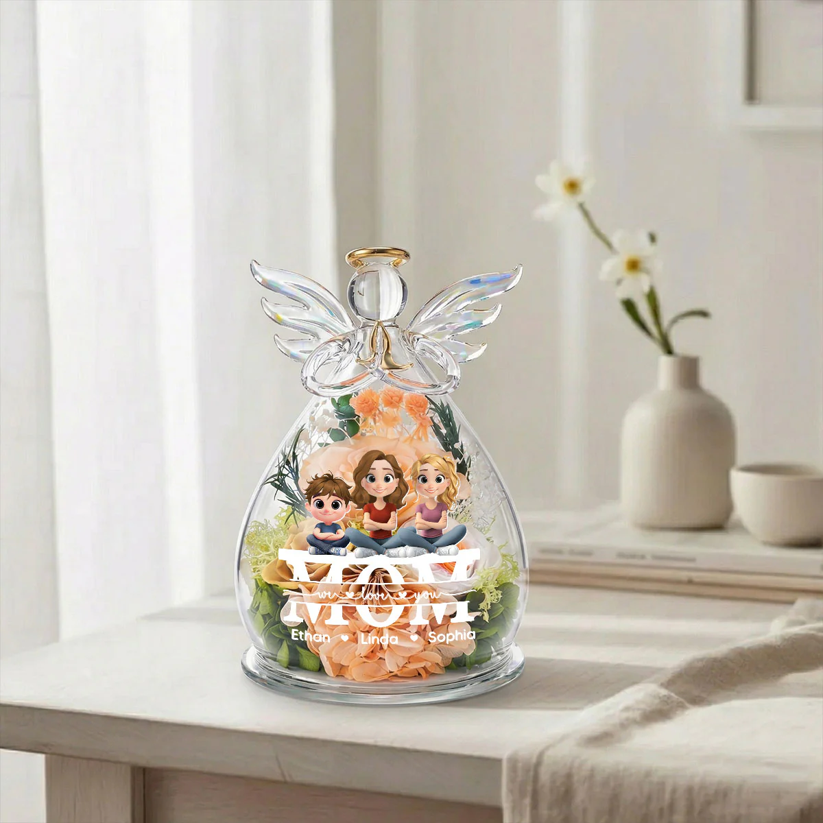We Love You Mom - Personalized Custom Glass Angel Figurines Fresh Flowers - Image 3