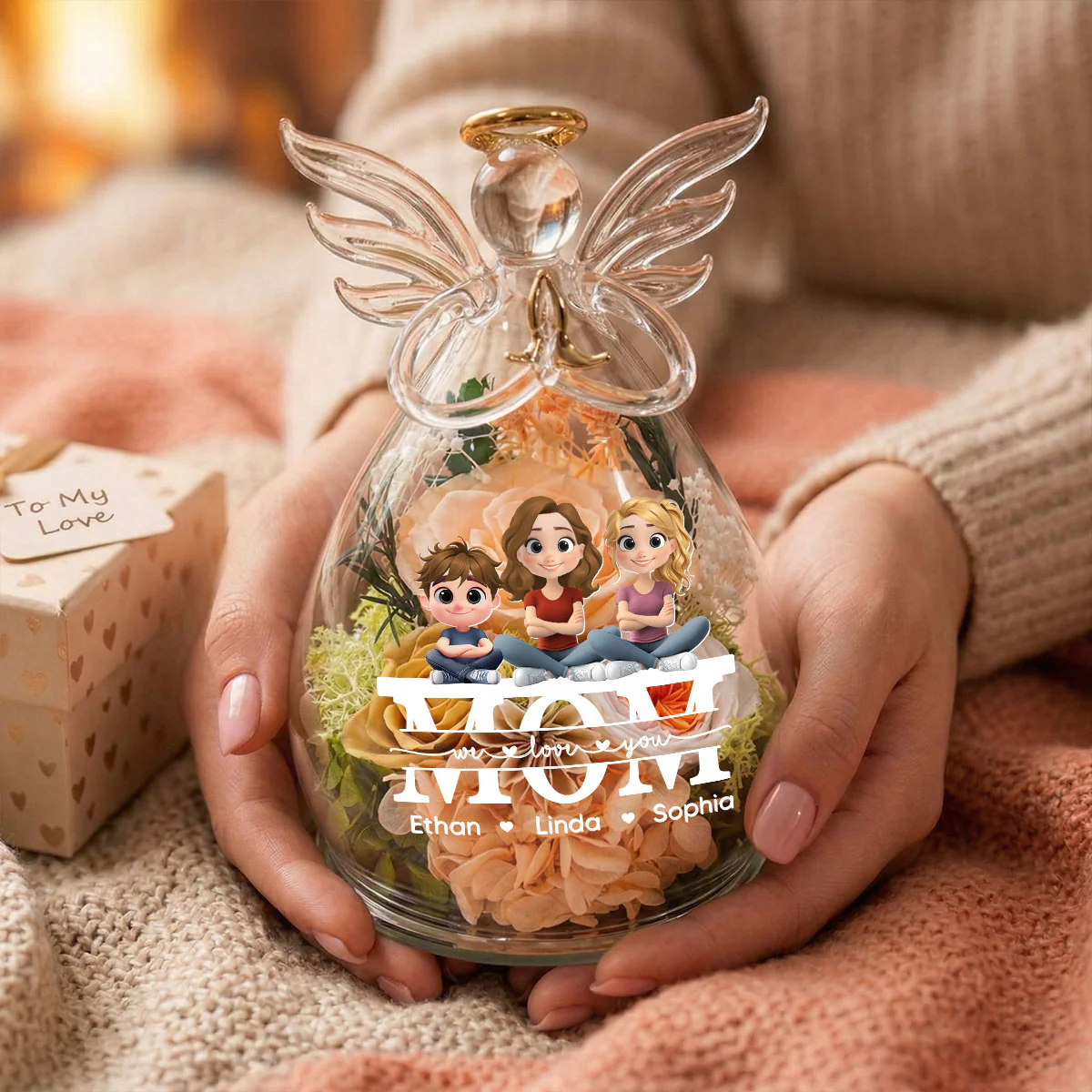 We Love You Mom - Personalized Custom Glass Angel Figurines Fresh Flowers - Image 6