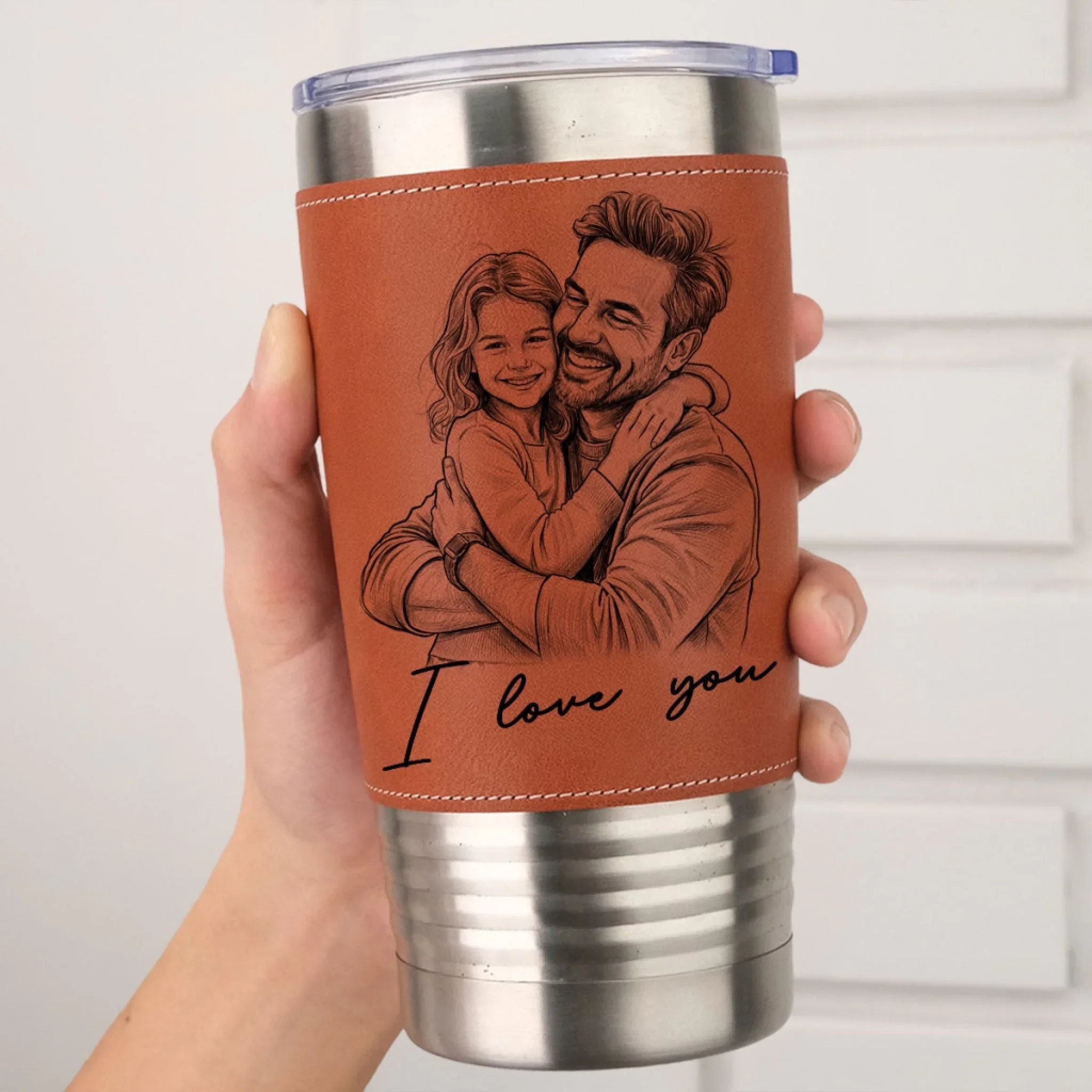 We Love You Photo Sketch - Personalized Custom Leather Tumbler - Image 2