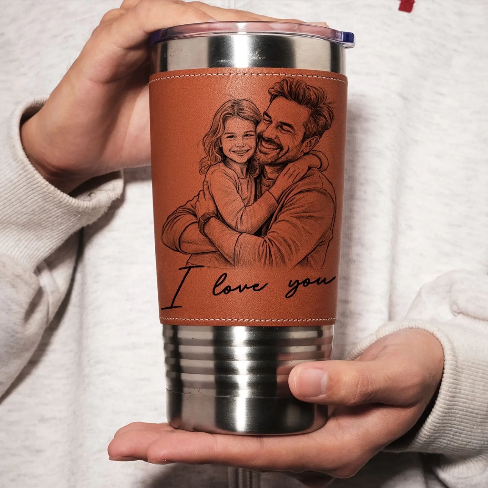 We Love You Photo Sketch - Personalized Custom Leather Tumbler - Image 5