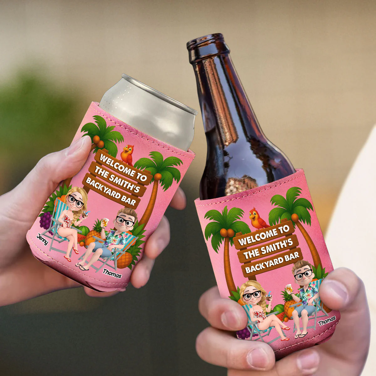 Welcome To Our Tiki Bar - Personalized Custom Pink Leather Can Cooler Holder - Image 4