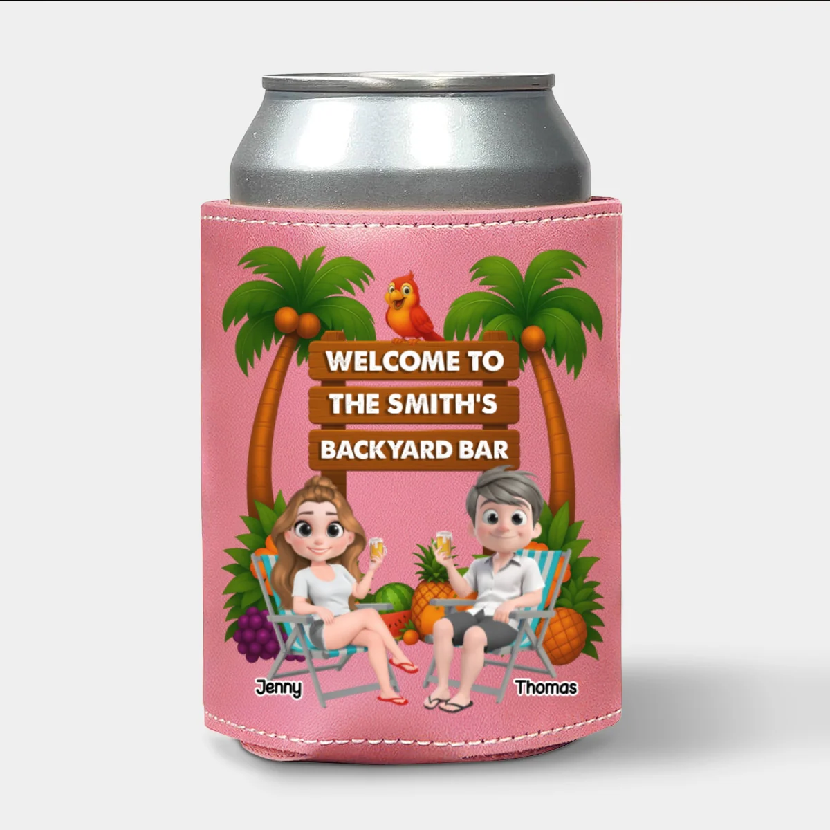 Welcome To Our Tiki Bar - Personalized Custom Pink Leather Can Cooler Holder - Image 7