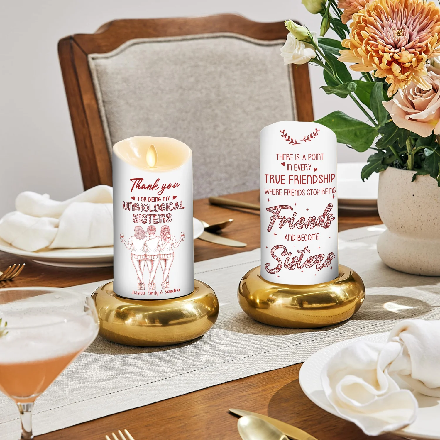 Where Friends Become Sisters Blue Toile - Personalized Custom LED Candle - Image 2