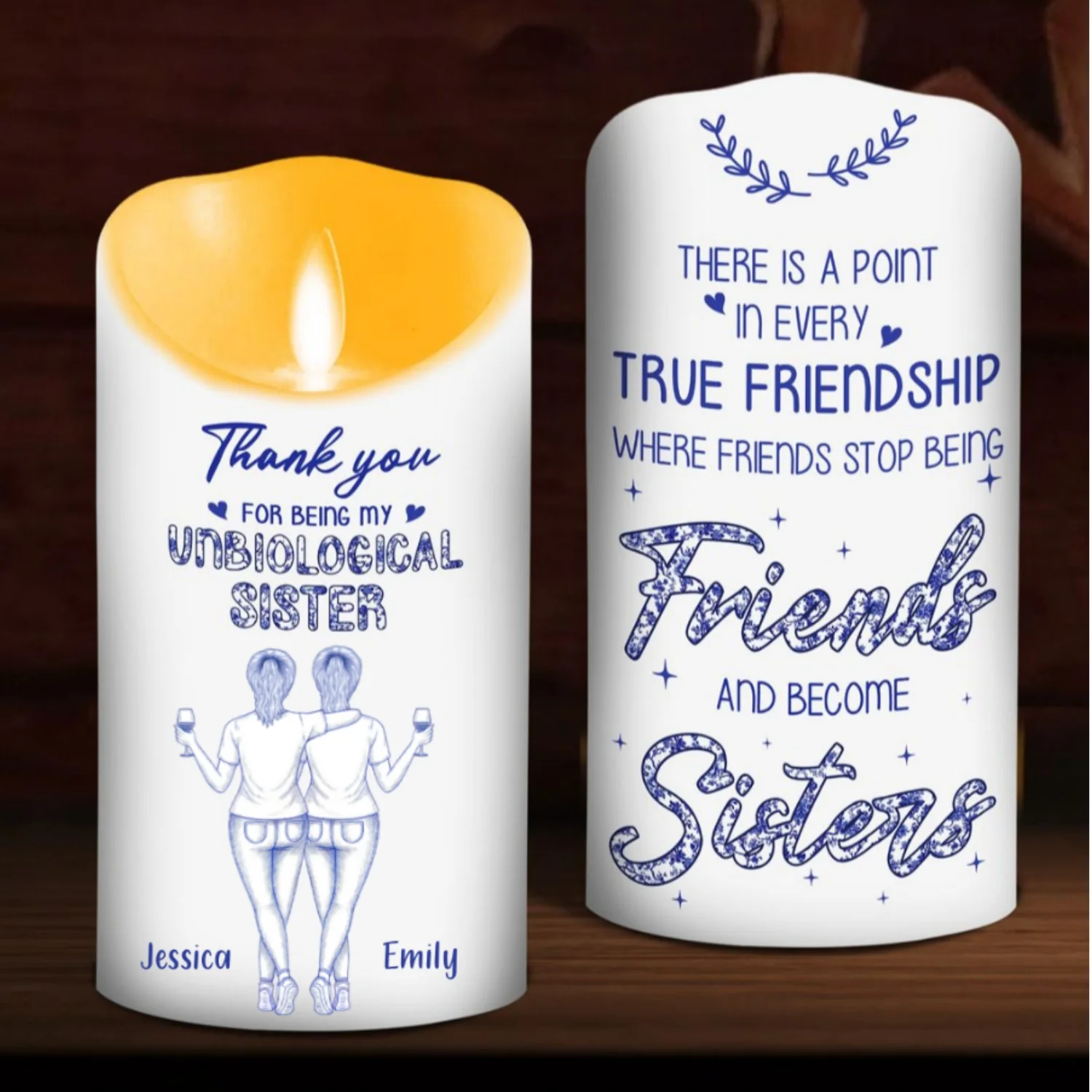 Where Friends Become Sisters Blue Toile - Personalized Custom LED Candle - Image 7