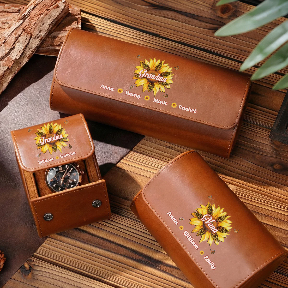 Where Grandma Sunflower Blooms - Personalized Custom Leather Watch Case - Image 3