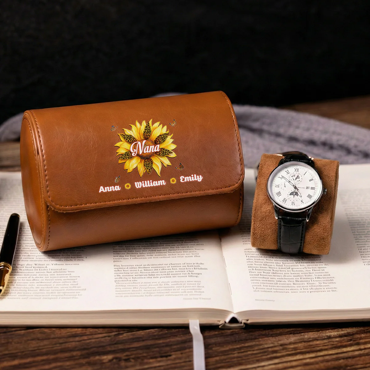 Where Grandma Sunflower Blooms - Personalized Custom Leather Watch Case - Image 4