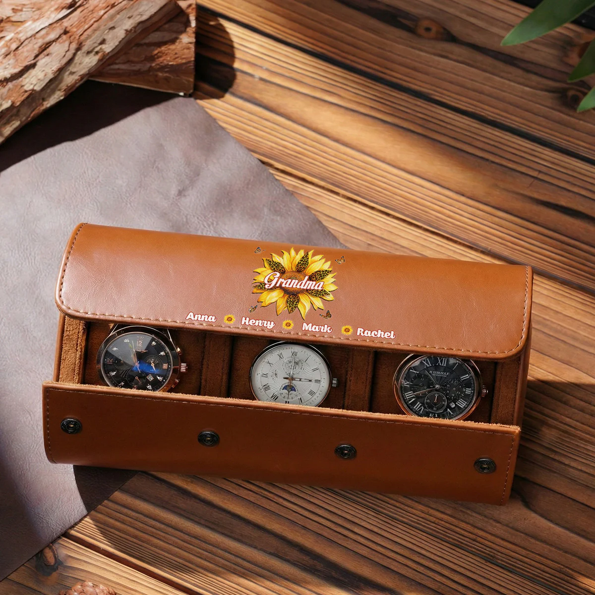 Where Grandma Sunflower Blooms - Personalized Custom Leather Watch Case - Image 5