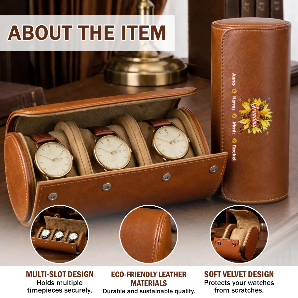 Where Grandma Sunflower Blooms - Personalized Custom Leather Watch Case - Image 7