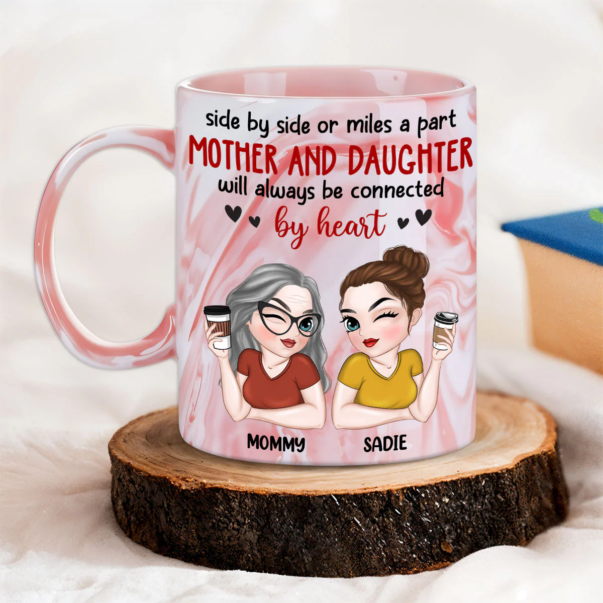 Will Always Be Connected By Heart - Personalized Custom Pink Marble Mug - Image 3