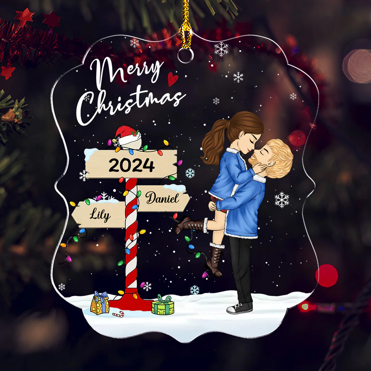 Winter Couple Hugging Kissing In The Snow - Personalized Custom Acrylic Ornament - Image 2
