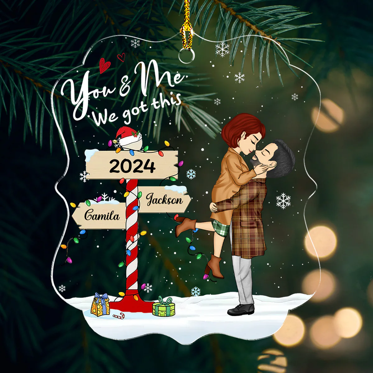 Winter Couple Hugging Kissing In The Snow - Personalized Custom Acrylic Ornament - Image 3