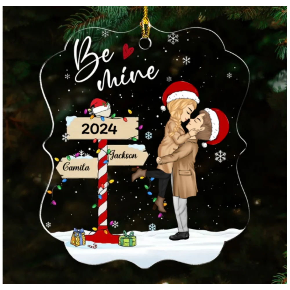 Winter Couple Hugging Kissing In The Snow - Personalized Custom Acrylic Ornament - Image 4