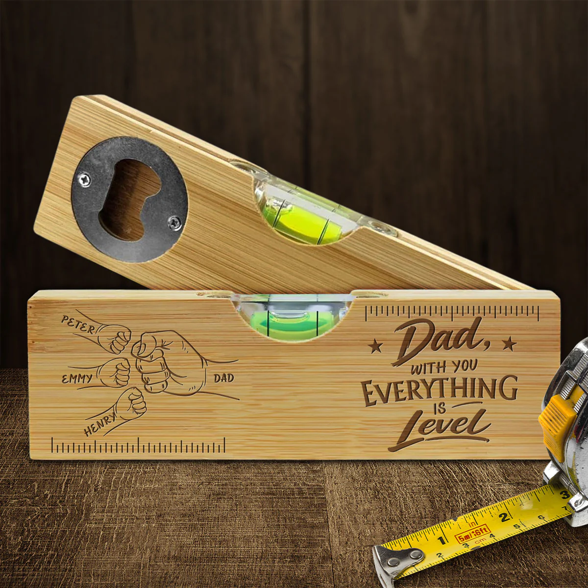 With You Everything Is Level - Personalized Custom Engraved Wooden Spirit Level Bottle Opener - Image 2