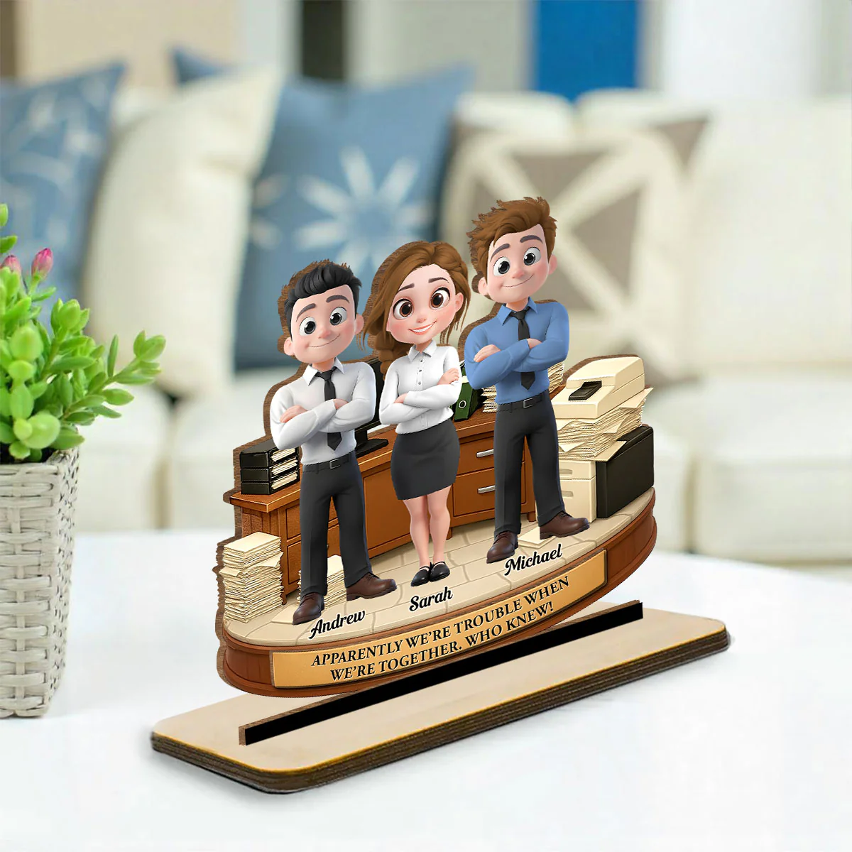 Work Besties Trouble - Personalized Custom 2-Layer Wood Plaque With Flat Base - Image 2