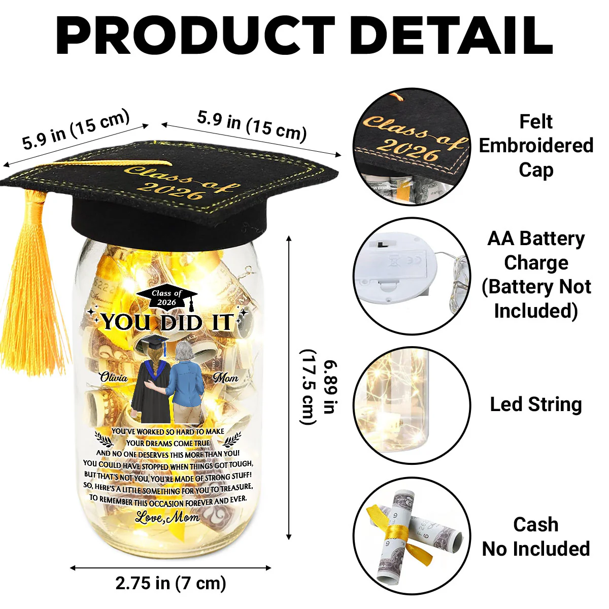You Did It - Personalized Custom Graduation Mason Jar Light - Image 5
