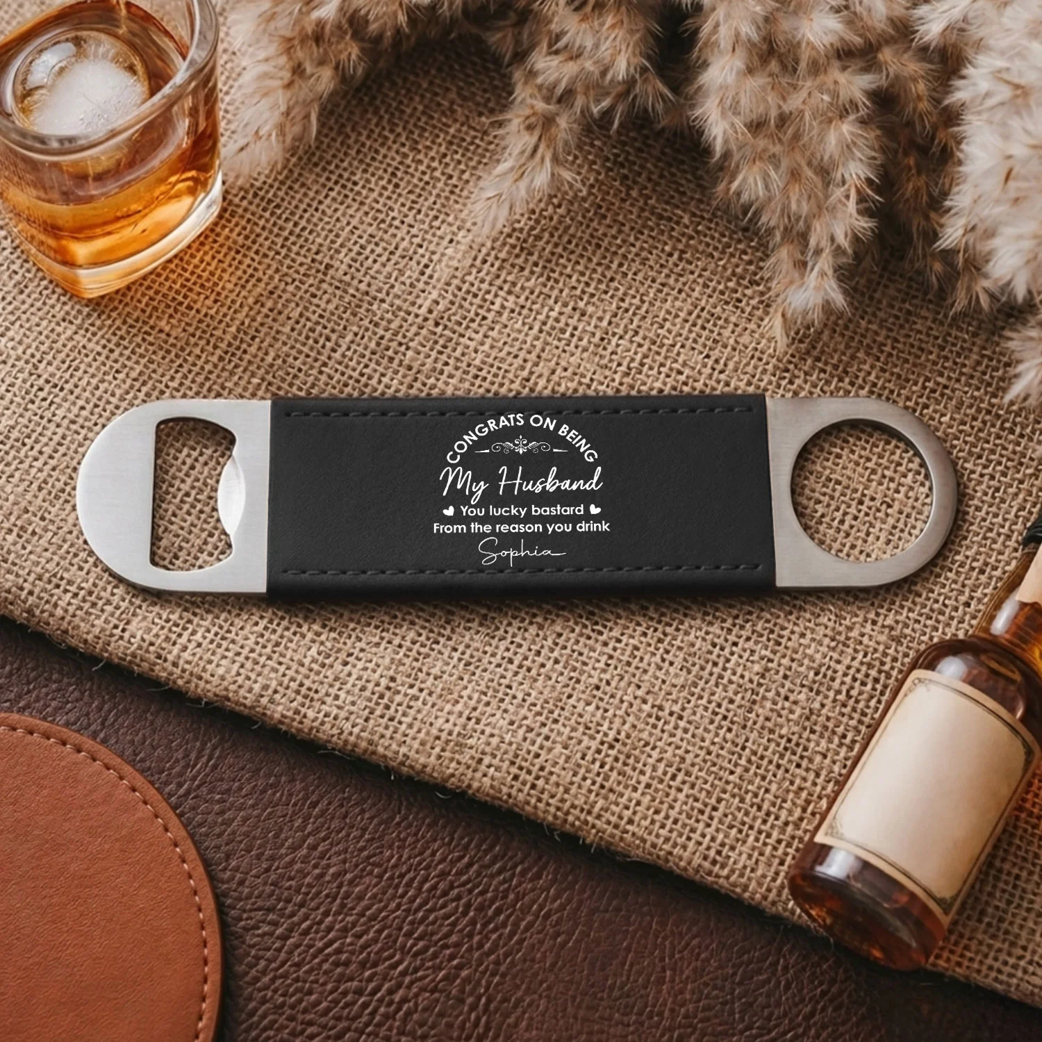 You Lucky Bastard - Personalized Custom Leather Bottle Opener